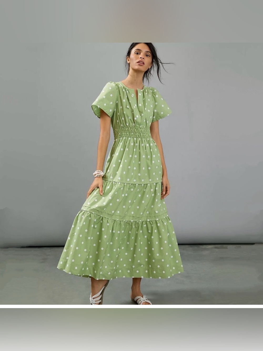 Anthropologie The Somerset Green Polka Dot Tiered Maxi Dress